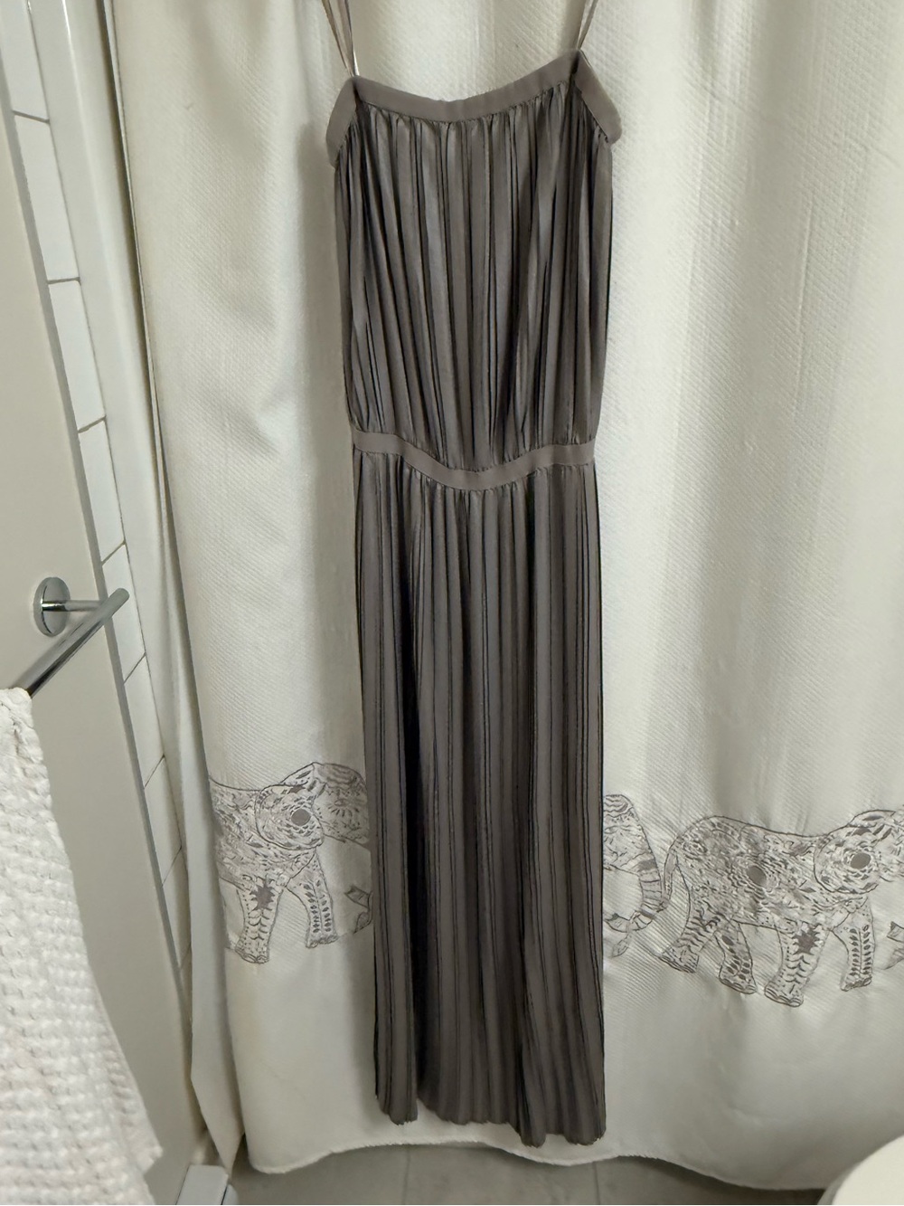 BCBGMaxAzria Taupe (Moss) Pleated Satin Slip Strapless Maxi